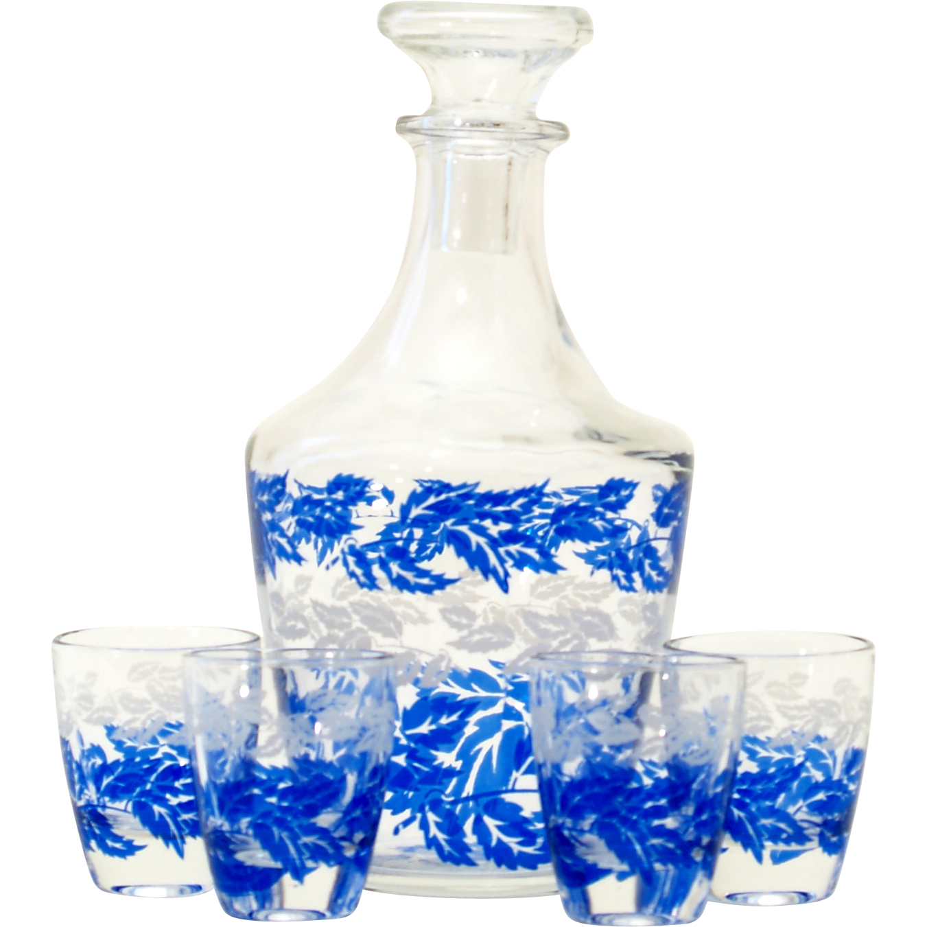 Vintage 1970s Luminarc Blue & White Leaf Design Decanter Set of 4
