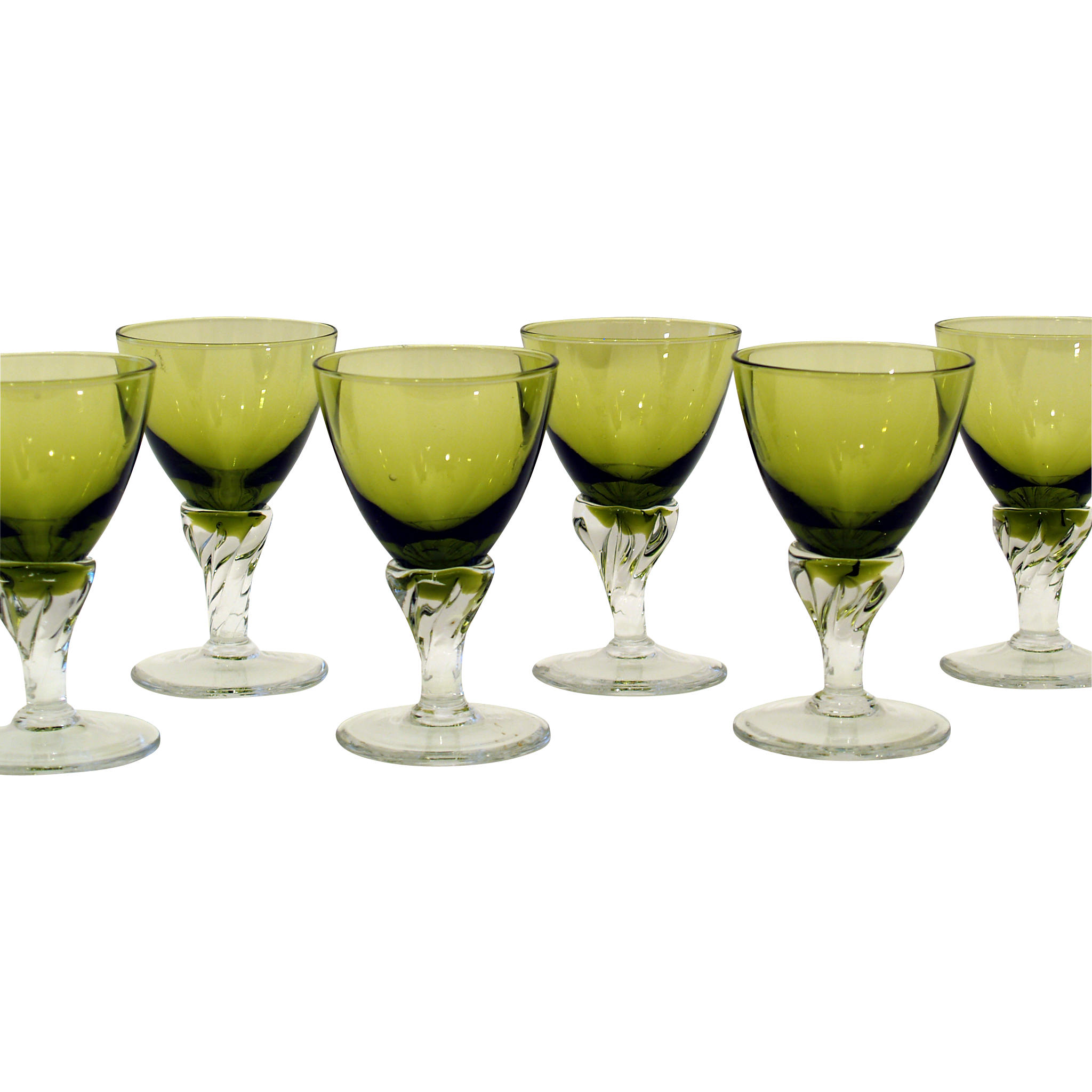 Midcentury Hand Blown Avocado and Clear Cordial Glasses Set of 6
