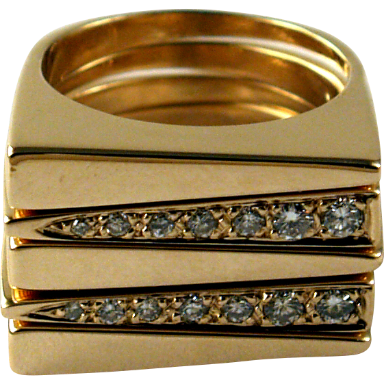 Vintage Mod Design 14K Yellow Gold and Diamond Stacking Ring Set